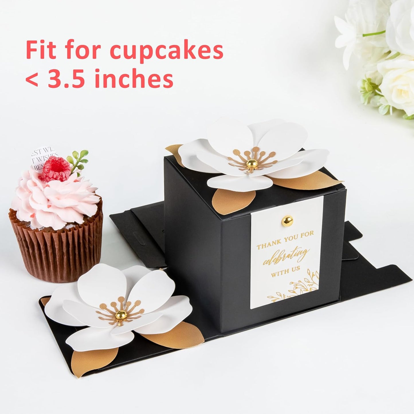 FEIYI 20 PCS Black Gift Boxes, 3 In 1 Favor Boxes with Floral Decor, White Thank You Tags Cupcake Containers Gift wrapping for Wedding, Baby Shower, Birthday, Decorations Party - 3.55x3.55x3.55