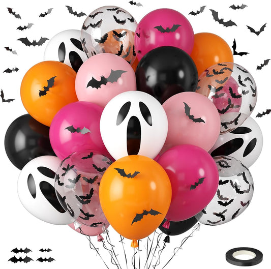 Orange Pink Halloween Balloons, 12 Inch Ghost Balloons, Black Orange and Hot Pink Latex Balloon with Bat Sticker, Bat Print Balloon for Kids Girls Birthday Ghost Theme Halloween Party Decorations