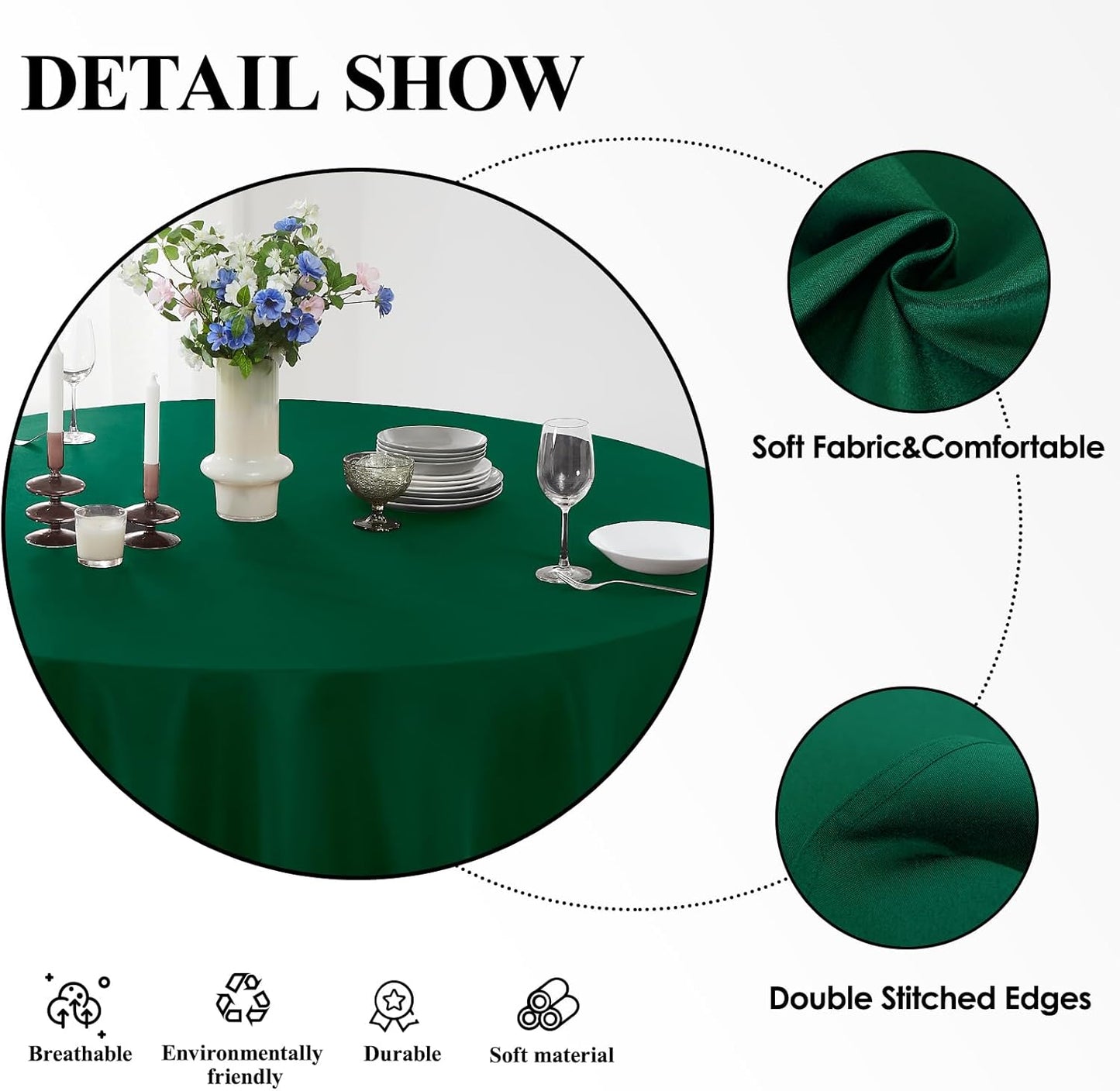Round Tablecloth 2 Pack 108 Inch Dark Green Tablecloths Washable Decorative Linen Polyester Table Clothes Cover for Dining Table Banquets Buffet Parties and Wedding
