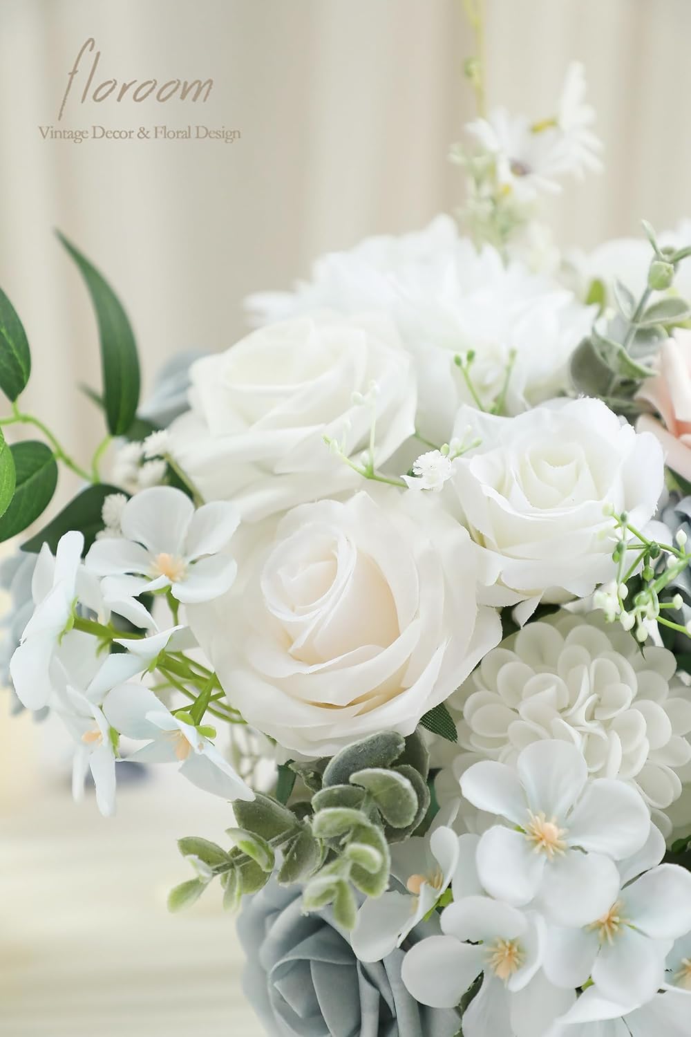 Floroom Powder Blue Ivory Artificial Flowers Fake Roses Dahlias and Greenery Combo Box Set for DIY Wedding Bouquets Bridal Shower Centerpieces Floral Arrangements Party Tables Home Decorations