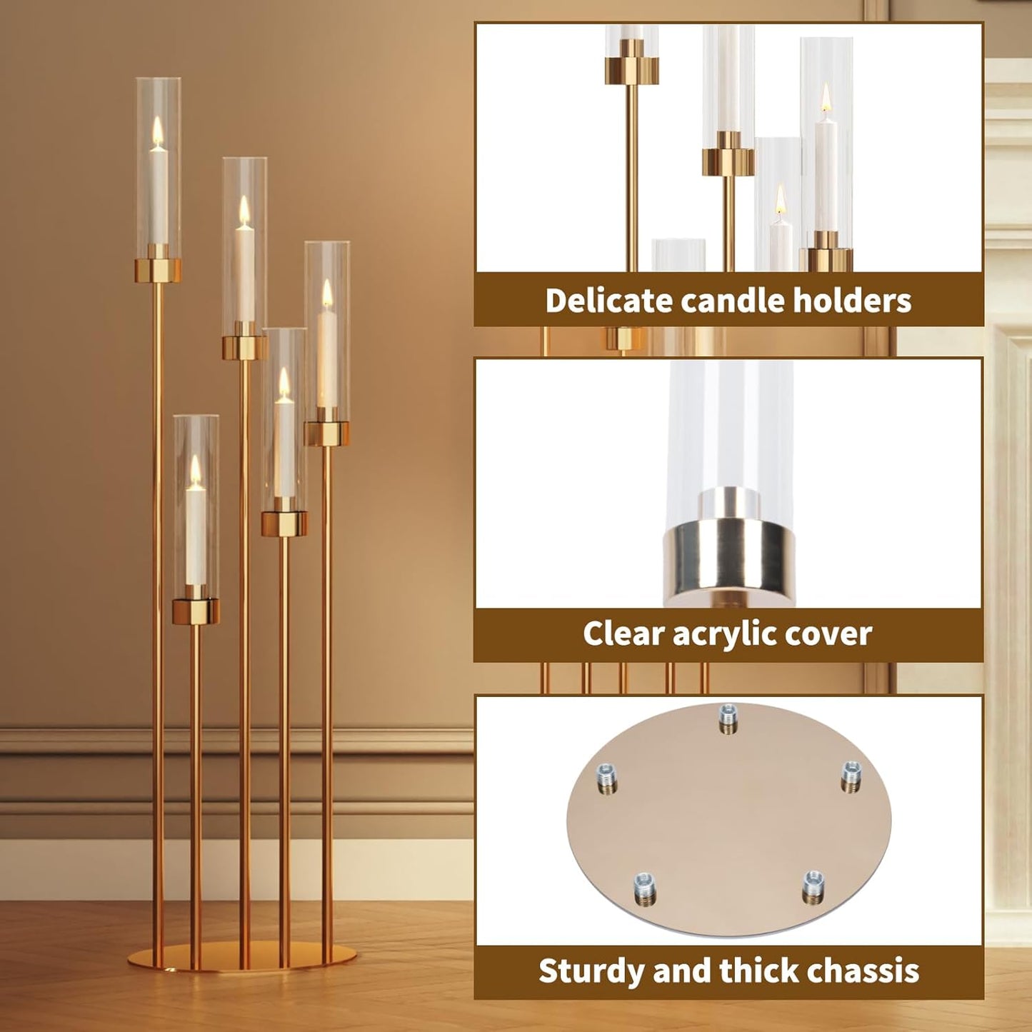 42.5'' Floor Candelabra 5 Arm Candelabra Centerpieces for Tables Gold Candle Sticks Holder 4 Set Tall Metal Candlestick with Acrylic Lampshades for Home Christmas Party (Round)