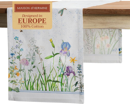 Maison d' Hermine Table Runner 100% Cotton Single Layer Table Runners 108 inches Long Decorative for Home Kitchen Dining Party Wedding Bridal Shower Spring Summer (Fleurs De Mai, 14.50" x 108")