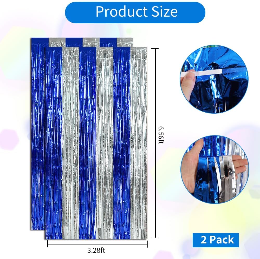 BEISHIDA 2Pcs Blue Silver Door Streamers Congrats Grade 2025 Decoration Backdrop Foil Fringe Tinsel Party Streamers Curtains for Birthday Graduation Winter Party Decoations (3.28 ft x 6.56 ft)