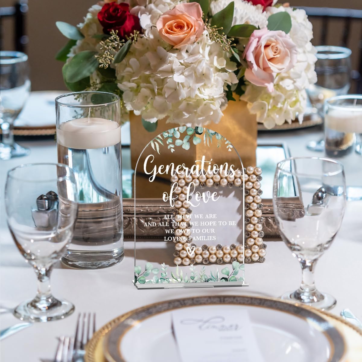 Acrylic Wedding Sign Generations of Love Signs for Ceremony Modern Calligraphy Arch Acrylic Table Top Signs for Wedding Reception and Event Party Table Decor (Eucalyptus Leaves)