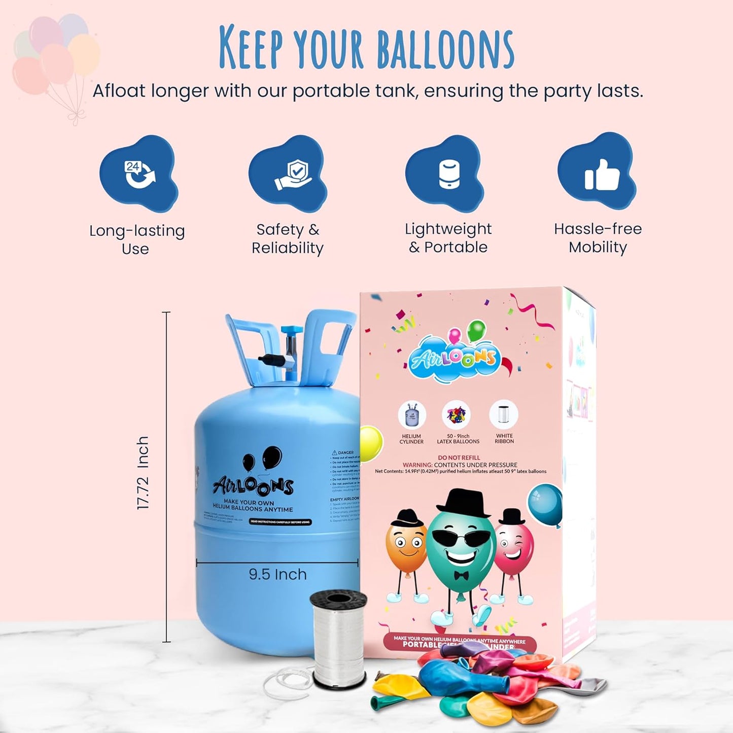 Airloons Helium Balloon Kit with 14.9 Cu Ft Tank – Includes 50 Multicolor 9 inch Latex Balloons, Ribbon & Easy to Fill Nozzle – Easy Setup for Birthdays, Weddings, Baby Showers