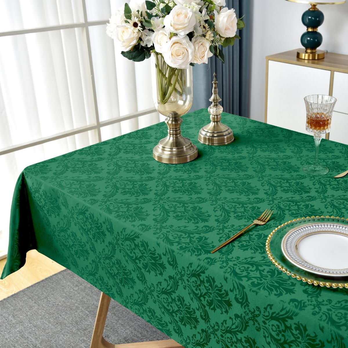 SASTYBALE Rectangle Jacquard Tablecloth, Damask Table Cloth SpillProof Wrinkle Resistant Tablecloths, Soft Polyester Oblong Table Cover for Kitchen, Dinner, Parties (Dark Green, 60X102)