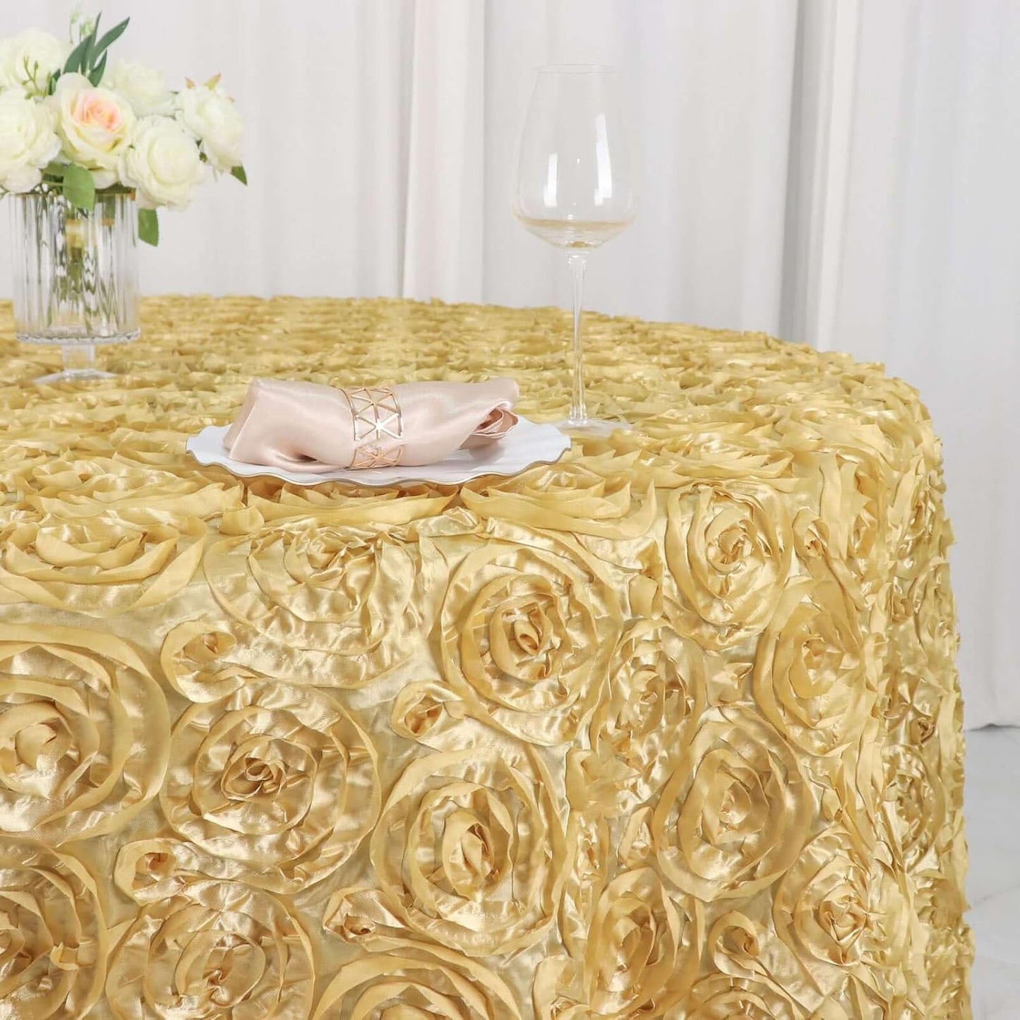 Efavormart 120" Wholesale Round Table Cover Champagne Grandiose Rosette 3D Satin Tablecloth for Wedding Party Event Decoration