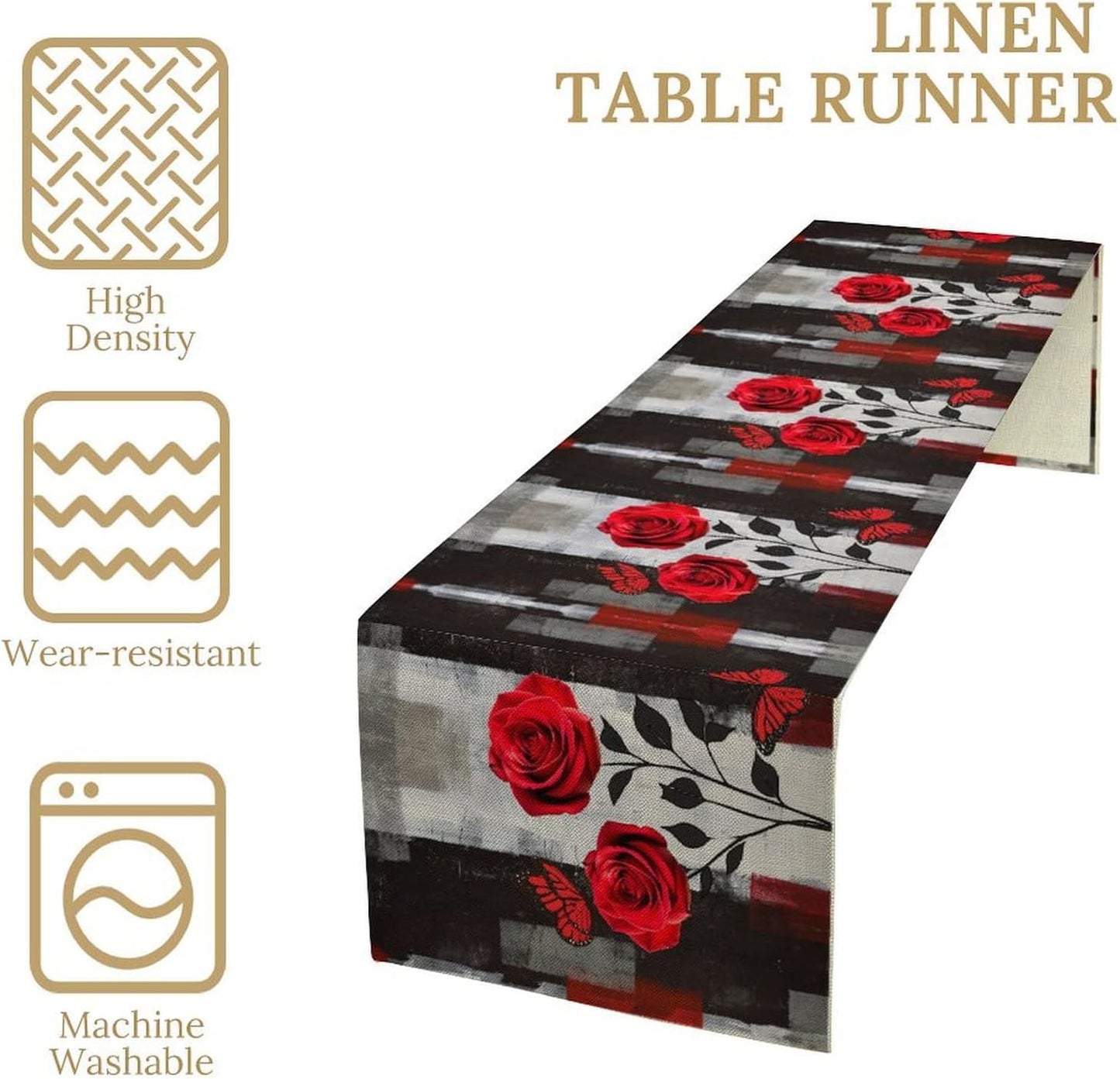 Abstract Art Rose Table Runner, Red Roses Floral Butterfly Black Red Grey Ink Background Pattern Kitchen Dinning Table Runner for Indoor Outdoor Home Wedding Party Holiday, 13x90 Inch