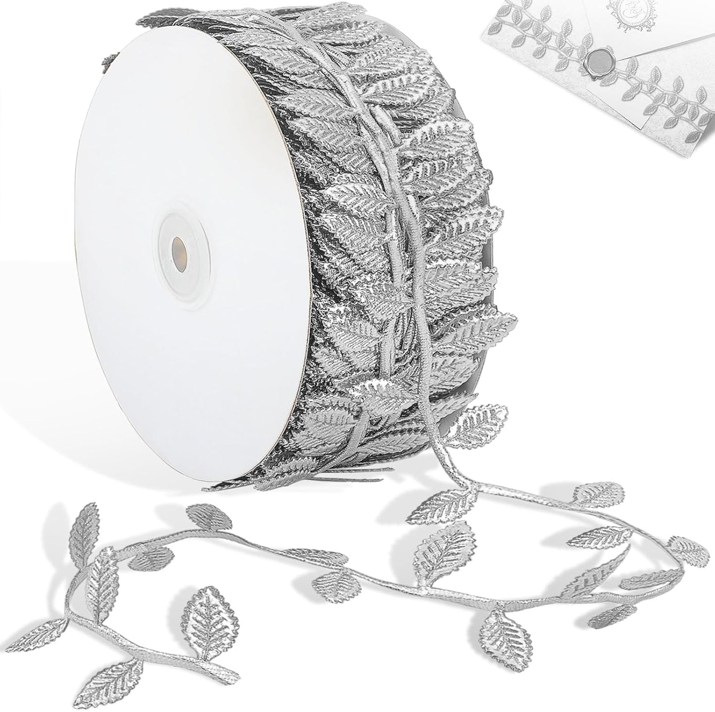 Naidiler Leaf Ribbon, Artificial Vines Leaves String Trim Ribbon Wild Jungle Botanical Greenery for Baby Shower Party Wedding Home Wreaths & DIY Craft (Silver 120Ft)
