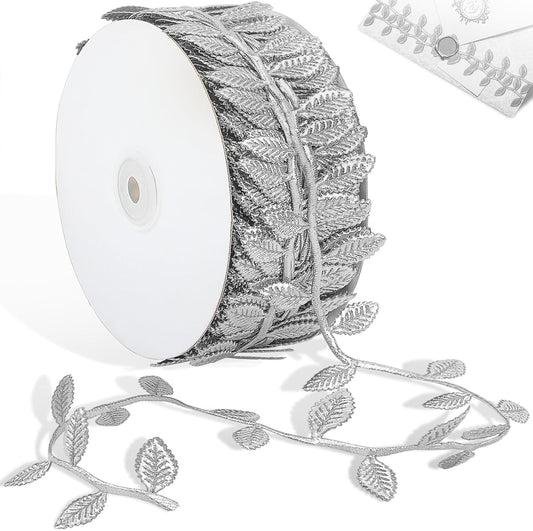 Naidiler Leaf Ribbon, Artificial Vines Leaves String Trim Ribbon Wild Jungle Botanical Greenery for Baby Shower Party Wedding Home Wreaths & DIY Craft (Silver 120Ft)