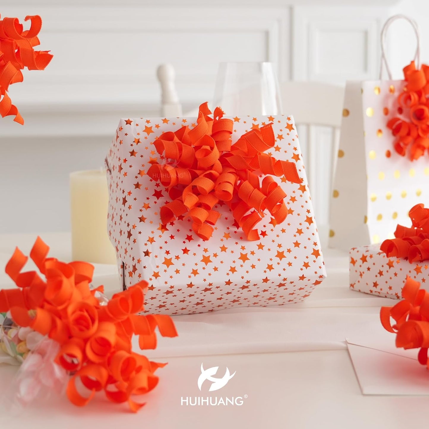 HUIHUANG Curly Ribbon Bows for Gift Wrapping, Orange Gift Bows Self Adhesive Burst Gift Bows for Present Box, Wine Bottle, Treat Bags, Wrap Accessories, Bridal Shower Wedding Party Favor - 6 Counts