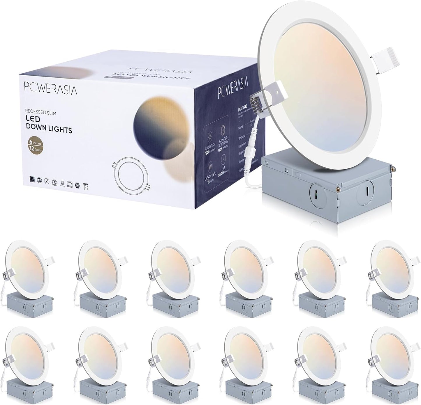 12 Pack 6 Inch Ultra-Thin LED Recessed Ceiling Light with Junction Box, 5CCT Dimmable 2700K/3000K/4000K/5000K/6000K,15W 1200lm Can Killer Downlight-ETL and Energy Star Certified