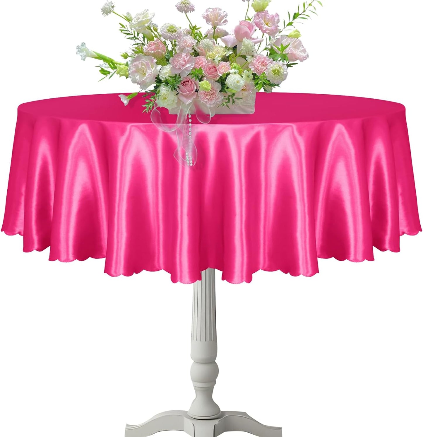 KKJIAF 1 Pack 60 Inch / 5ft Round Table Cloth, Hot Pink Overlay Round Satin Table Cover, Silky Satin Dining Tablecloths for Wedding Buffet Parties Banquet Decoration