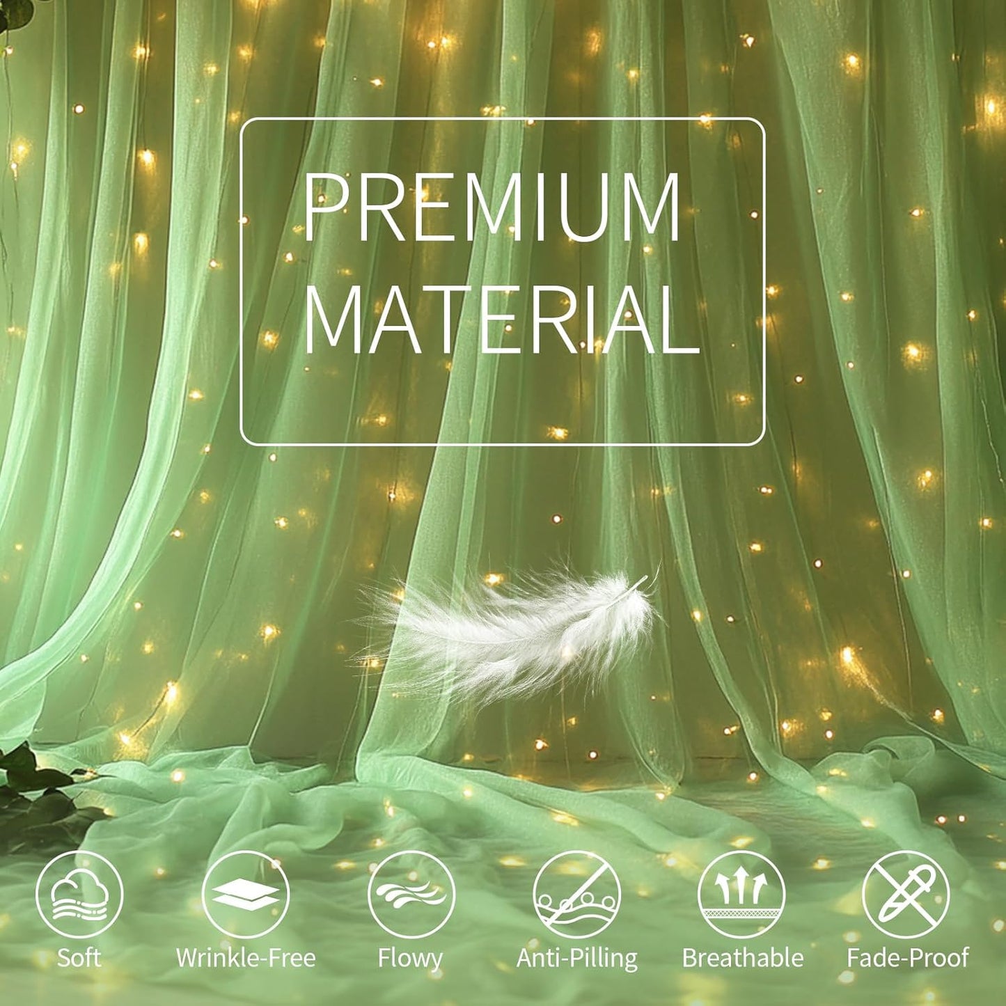 Sage Green Tulle Backdrop Curtain with Lights String - 10x10ft Sheer Backdrop with 300 LEDs for Wedding, Baby Shower, Bridal Shower, Birthday Party Photo Shoot Background and Home Decorations