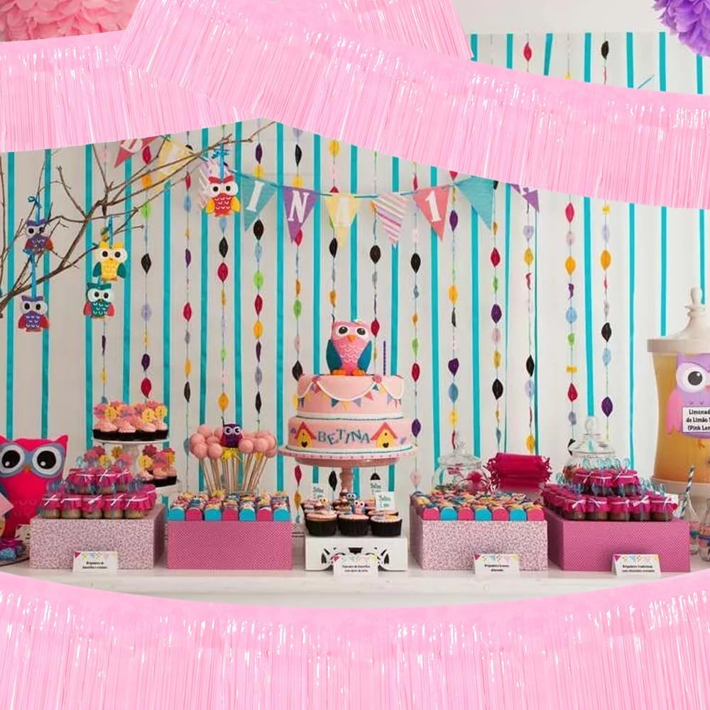 BEISHIDA 3 Packs Metallic Foil Fringe Garland Macaron Pink Wall Hanging Tinsel Fringe Banners for Car Floats Bridal Shower Wedding Birthday Easter Graduation Holiday Party Decoration(30 Feet)