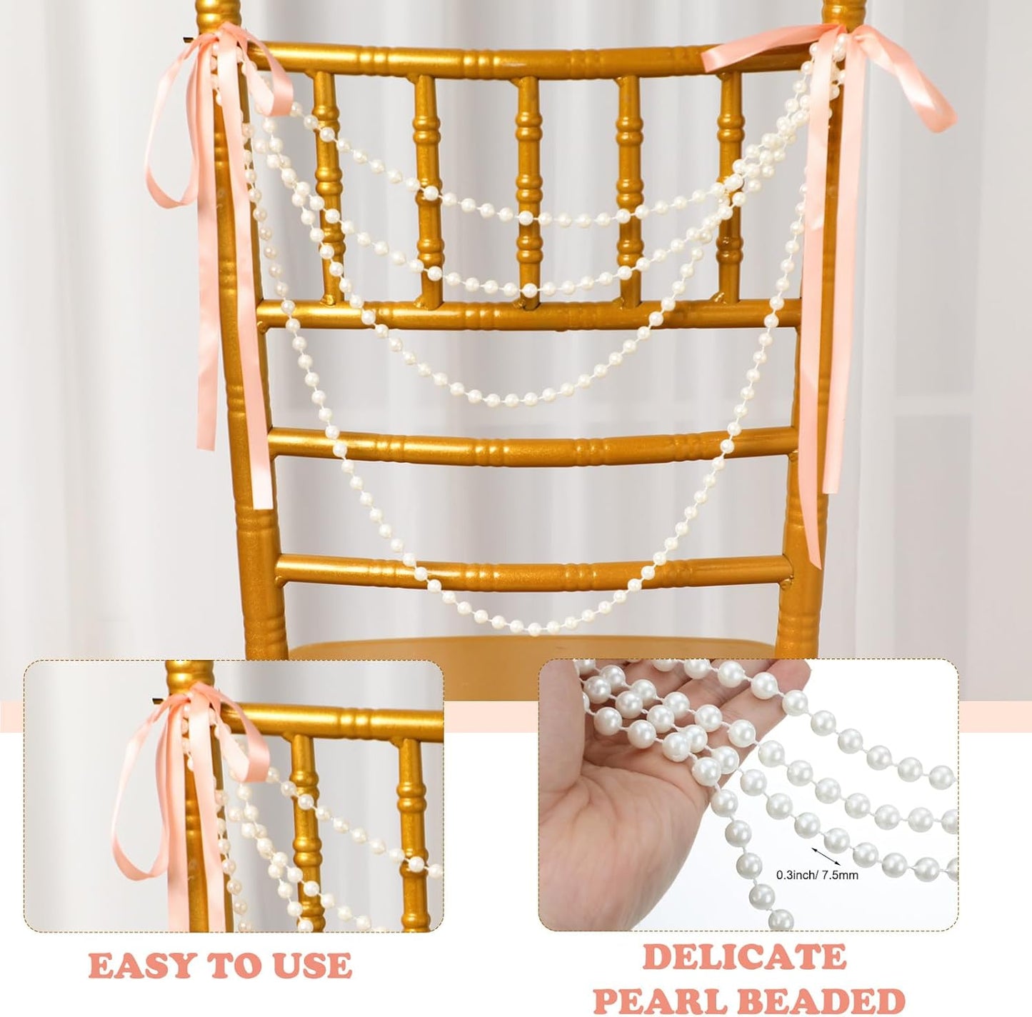 Wedding Pearl Bow Chair Decor Satin Ribbon Bows with Pearl Beaded String Garland Aisle Chair Sashes Decorations for Ceremony Coquette Party Banquet Decor