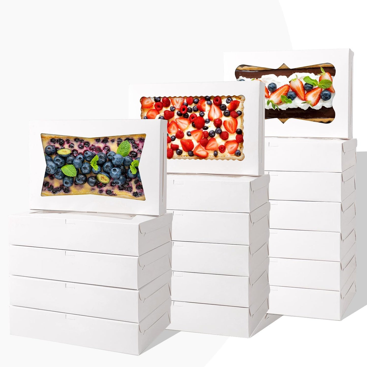 48pcs12x8x2.5 Inches Bakery Boxes,Cookie Boxes with 3Style for Window Bread,Treat，Chocolate,Strawberries,Dessert,Cakes,Donuts,Muffins,pastry