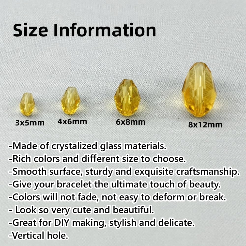 130pcs 6x8mm Teardrop Crystal Glass Beads for Jewelry Making, Faceted Vertical Hole Teardrop Glass Spacer Beads for Wind Chimes Bracelet Earring Necklace DIY Craft(Light Yellow)