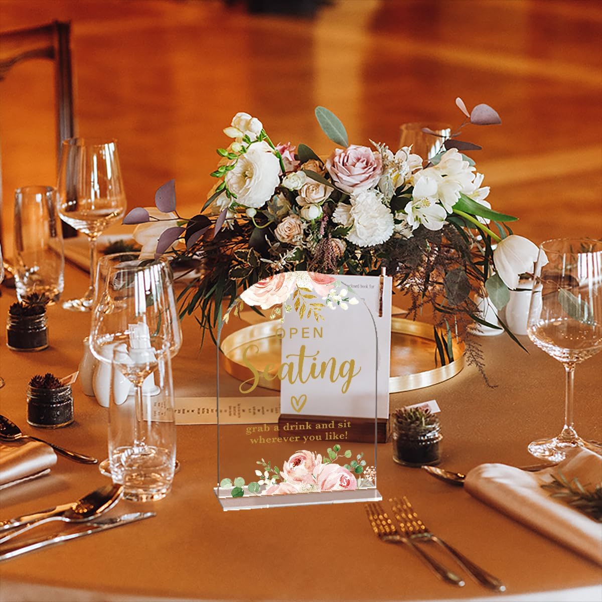 Acrylic Wedding Signs, Bridal Shower Decorations, Open Seating Signs for Reception, Modern Calligraphy Arch Acrylic Table Top Sign for Wedding Reception and Engagement Parties (Clear Pink Flowers)