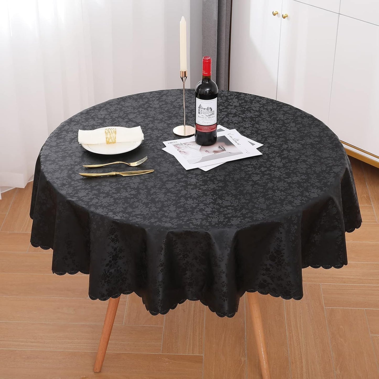 Smiry Round Table Cloth, Waterproof Heavy Duty Vinyl Tablecloths, Wipeable Washable Table Cover for Kitchen and Dining Room (Black, 60" Round)
