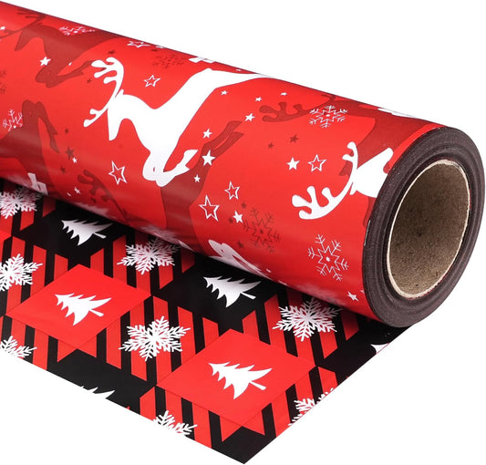Ulmasinn Reversible Christmas Wrapping Paper Roll - 17" x33ft Double-Sided Designs with Red Nordic Reindeer & Geometric Snowflake, Xmas Gift Wrap for Presents, Table Decor & Crafting