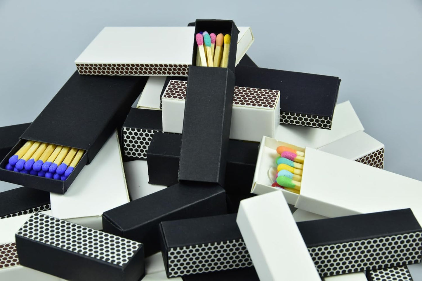 Chandler Studio 10 Boxes - Wooden Matchsticks in a Blank Matchbox with White/Black Matchboxes Colorful Tips (2" Matchboxes, 10 Boxes)