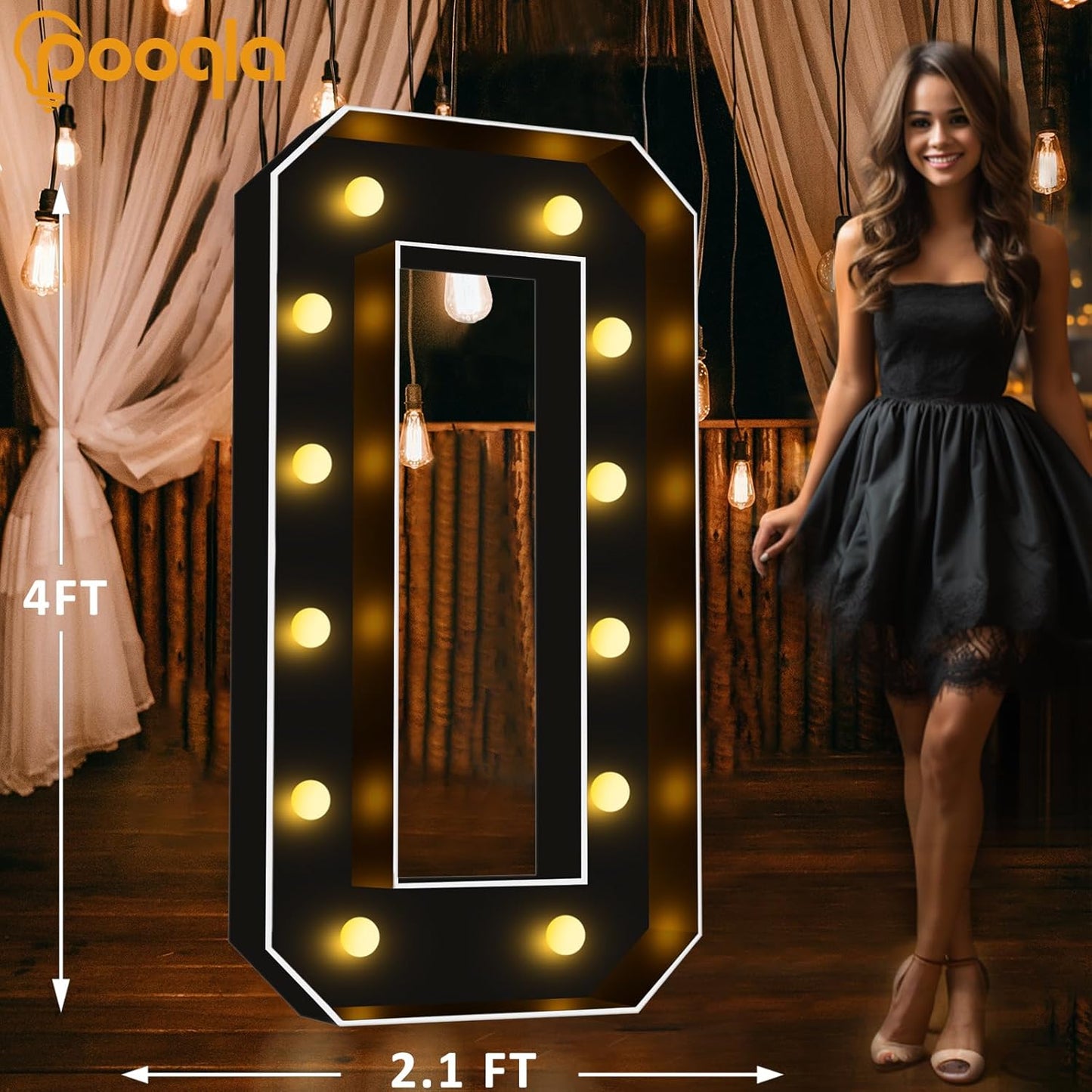Pooqla 4 FT Marquee Light Up Letters, Black Marquee Letter Lights 4 Feet Tall for Birthday Decoration, Big Mosaic Letters Sign for Balloons Party Anniversary Wedding Decorations, Giant Warm White O