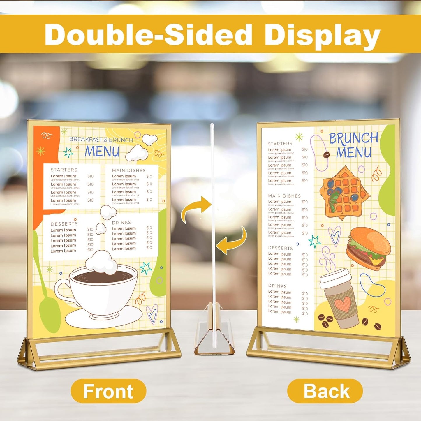 EHWINE 2 Pack Acrylic Sign Holder 4 x 6, Double Sided Gold Picture Frame Stand up Table Top Sign Holders, Clear Display Stand Menu Flyer Holder for Wedding Party