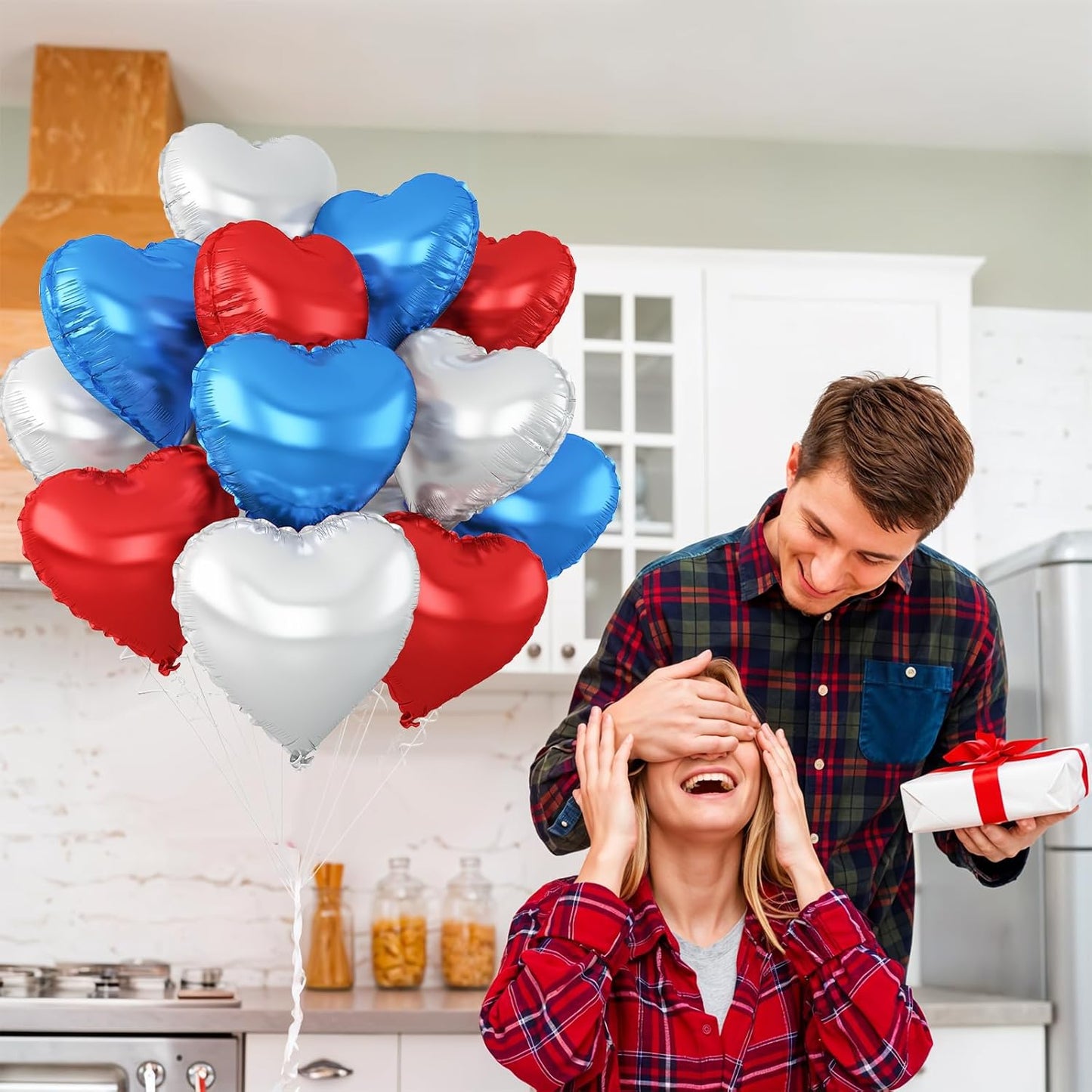Red Blue Silver Heart Balloons,12Pcs 18Inch Blue Silver Red Heart Shaped Foil Helium Polyester Film Balloons for Birthday Anniversary Wedding Engagement 4th of July Party Decorations