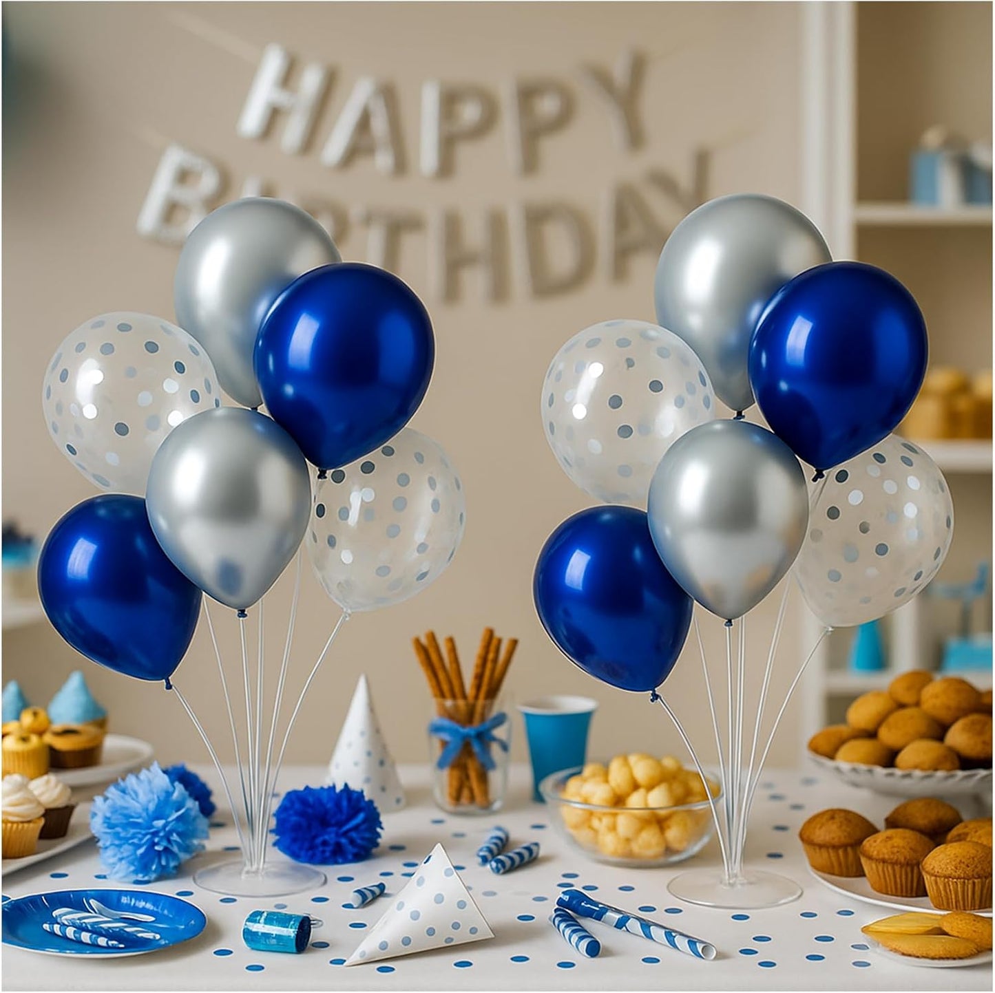 6pcs Balloon Stands Kit Table Centerpiece Table Decorations for Anniversary Birthday Wedding Graduation Retirement Party Decorations (Silver Navy)