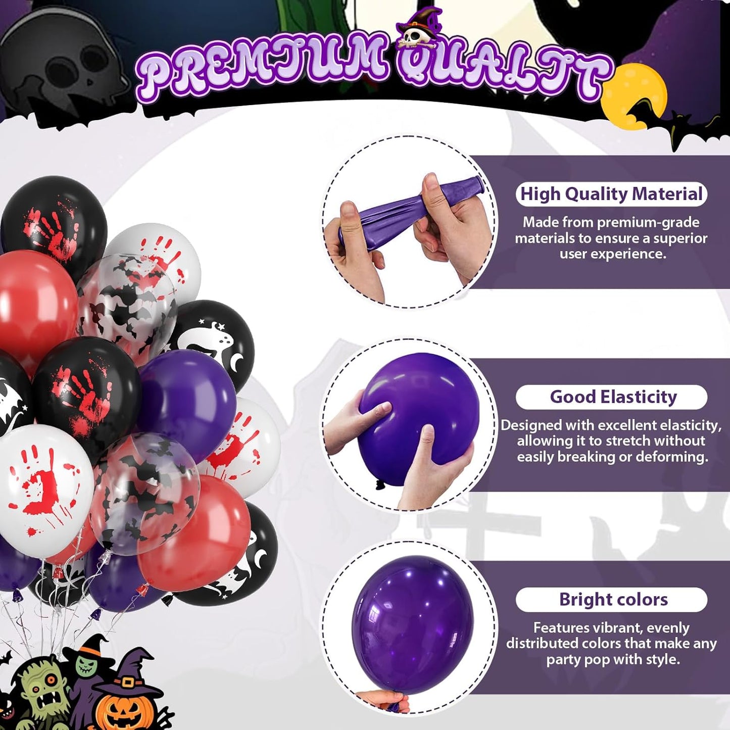 Paready Halloween Balloons, 50pcs Black Purple Red Balloons, Black White Bloody Handprint Balloon Bat Printed Balloon For Scary Halloween Masquerade Spooky Vampire Haunted Themed Birthday Party Decor