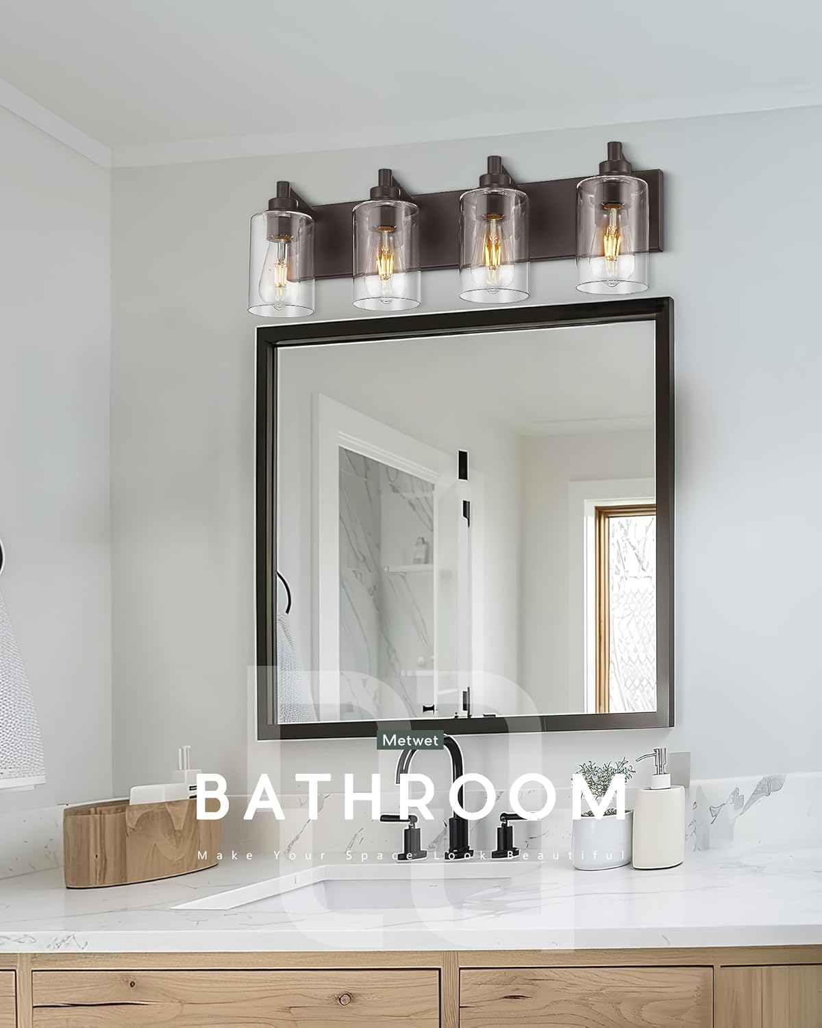 4-Light Bathroom Light Fixtures, 24.5 Inch Oil Rubbed Bronze Vanity Lights with Cylinder Clear Glass Shade, Modern Vanity Lighting Fixtures Over Mirror, VL143-ORB-4