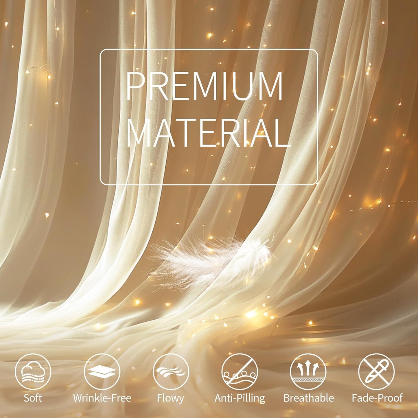 Ivory Tulle Backdrop Curtain with Lights String - 10x10ft Sheer Backdrop with 300 LEDs for Wedding, Baby Shower, Bridal Shower, Birthday Party Photo Shoot Background and Home Decorations