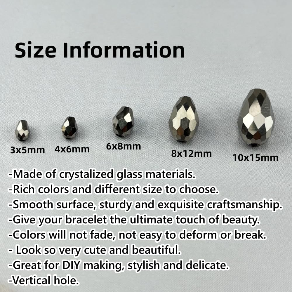 100pcs 8x12mm Teardrop Crystal Glass Beads for Jewelry Making, Faceted Vertical Hole Teardrop Glass Spacer Beads for Wind Chimes Bracelet Earring Necklace DIY Craft(Silver)
