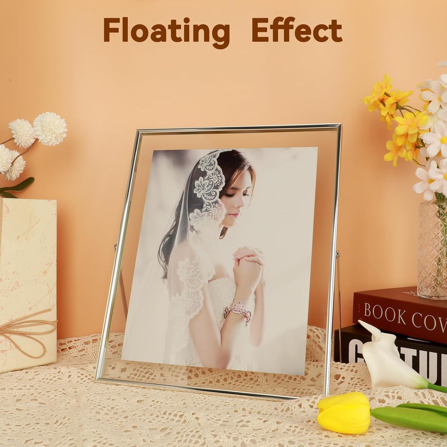 Silver Floating Frame (10"x12", Vertical), For Picture 9x11, 8.5x11, 8x10, Tabletop Shelf Photo Frame, Classy Gift For Festival, Wedding, Home or Office Décor