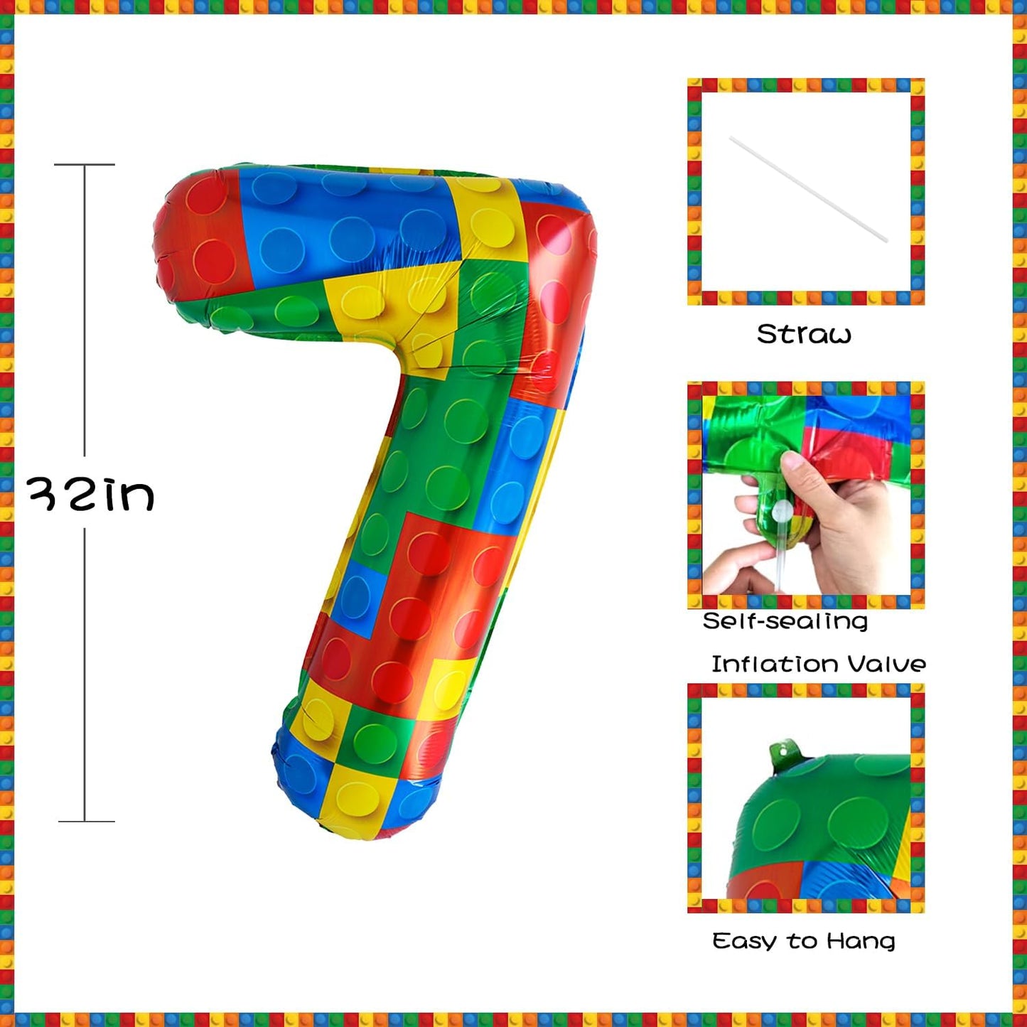 32 Inch Stackable Block Number 7 Balloon – Colorful Brick Building Themed Big Helium Digits for Kids Birthday Party Decorations (Building Block, Number 7)