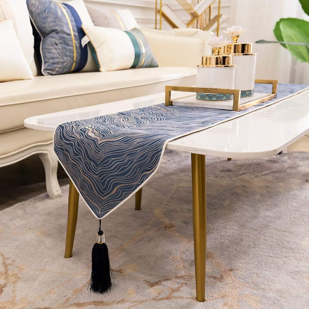 Avigers 12 x 72 Inch Decorative Luxury Abstract Striped Navy Blue Table Runners with Tassels for Home Living Room Bedroom Art Decor Wedding