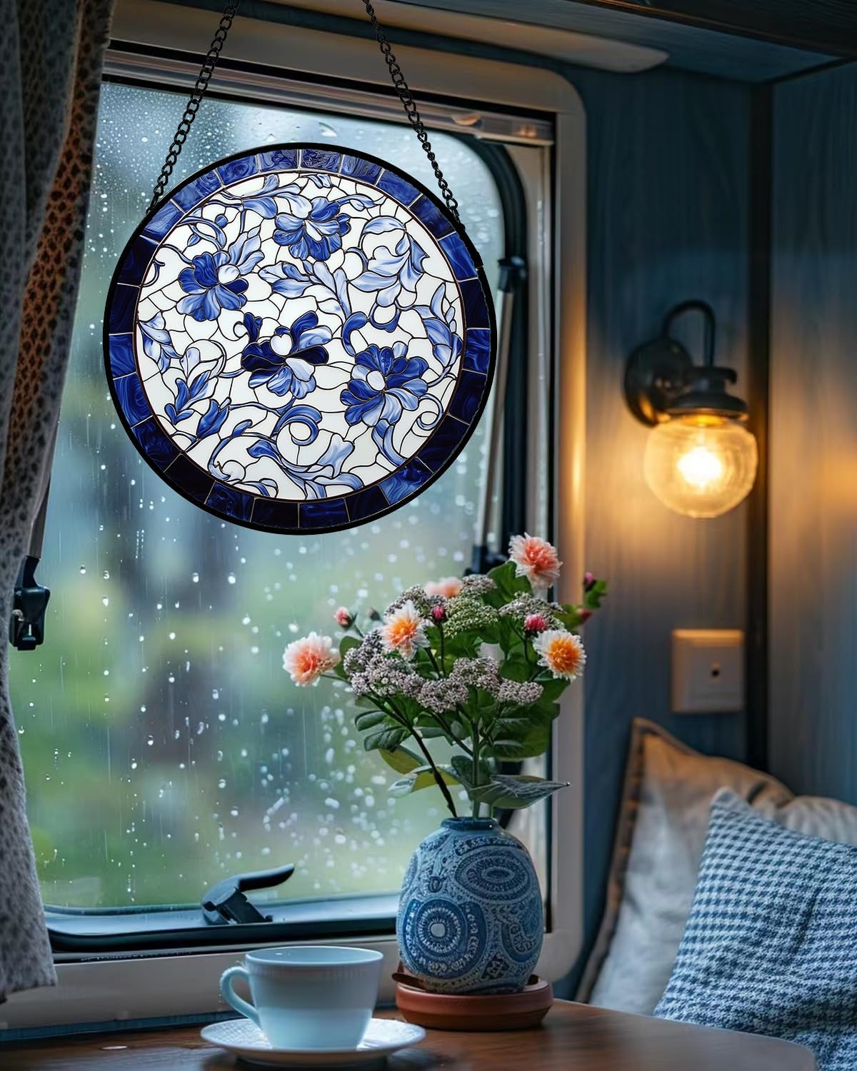 Stained Glass Window Hanging, Blue and White Abstract Flowers Sun Catcher for Door Home Decor Suncatcher Christmas Mother's Day Birthday Gifts for Women Men Mom and Nana 7.8 in