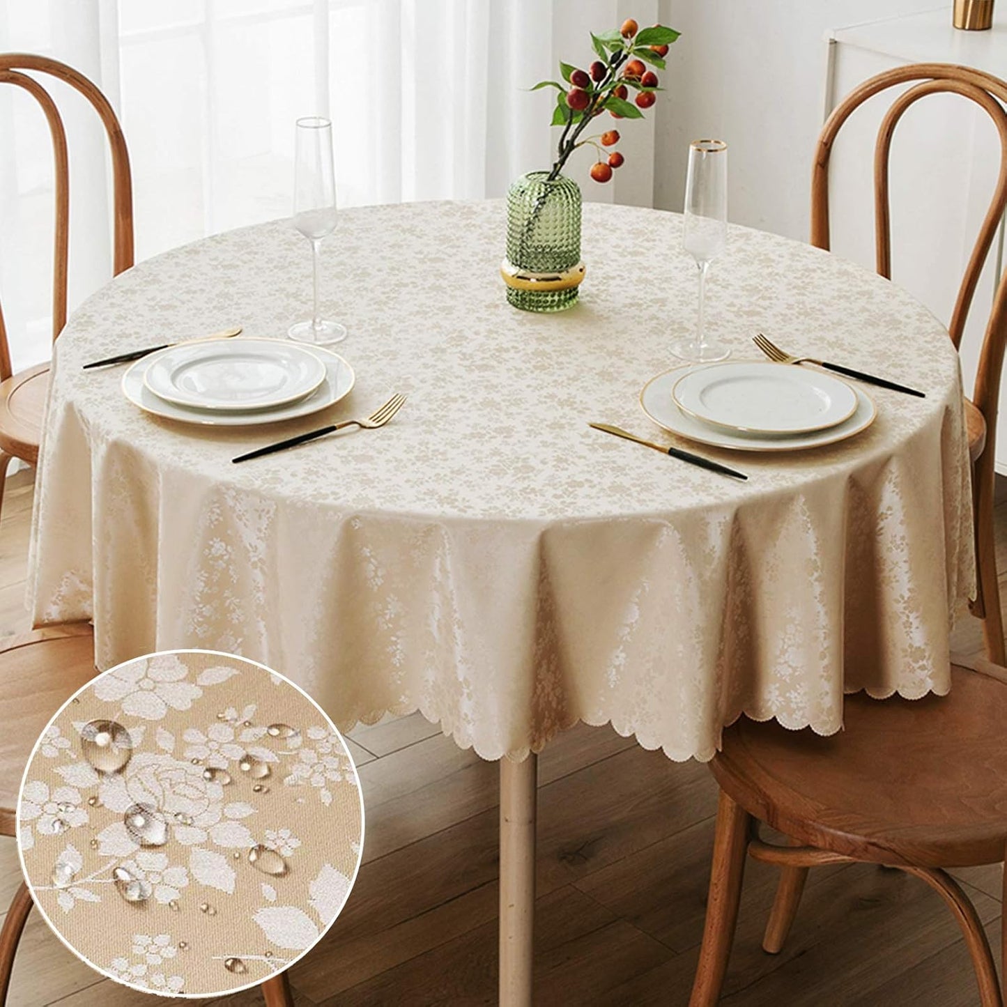 Smiry Round Table Cloth, Waterproof Heavy Duty Vinyl Tablecloths, Wipeable Washable Table Cover for Kitchen and Dining Room (Beige, 70" Round)