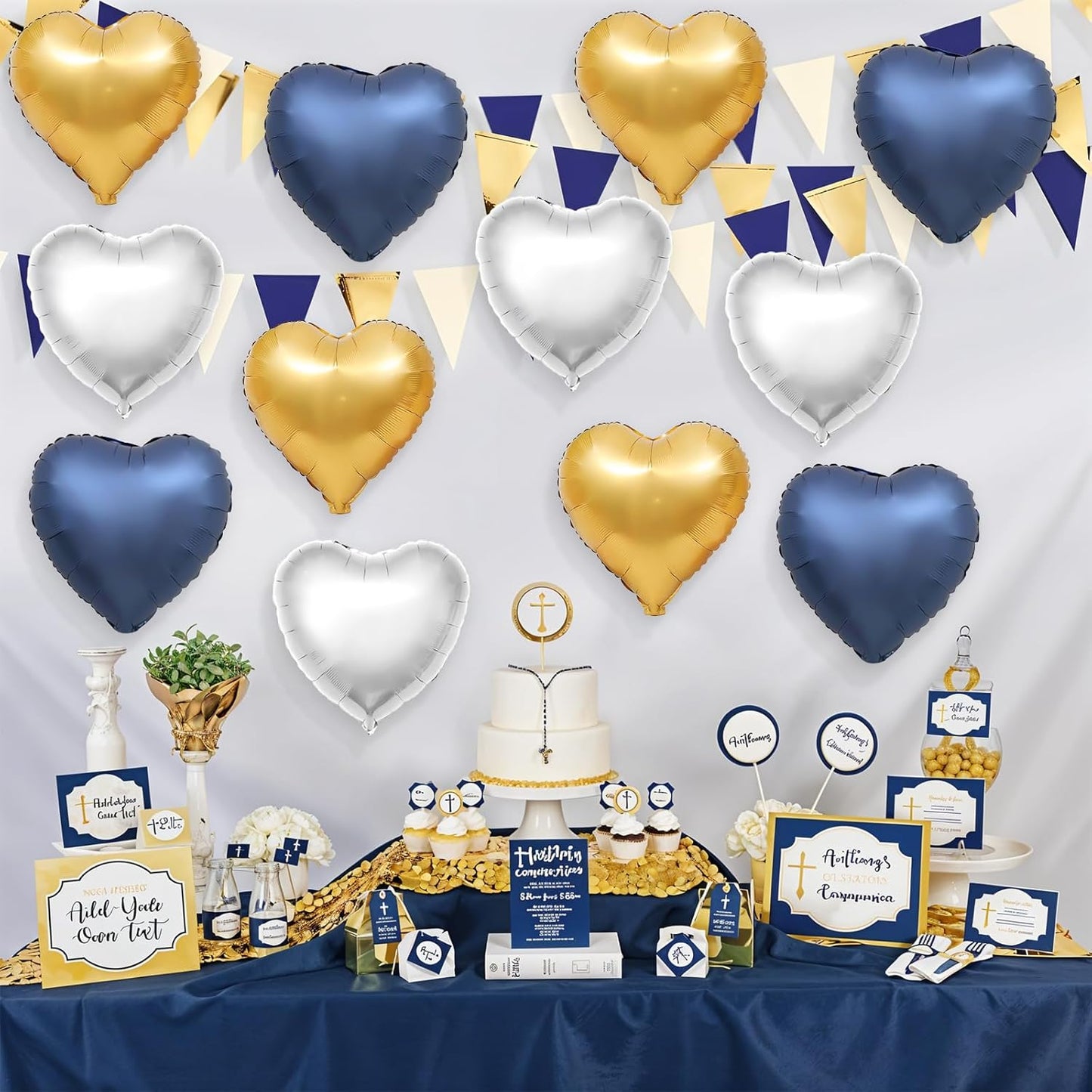 Blue Gold Silver Heart Balloons,12Pcs 18Inch Metallic Blue Gold Silver Heart Shaped Foil Helium Balloons for Graduation Birthday Anniversary Wedding Engagement Party Decorations
