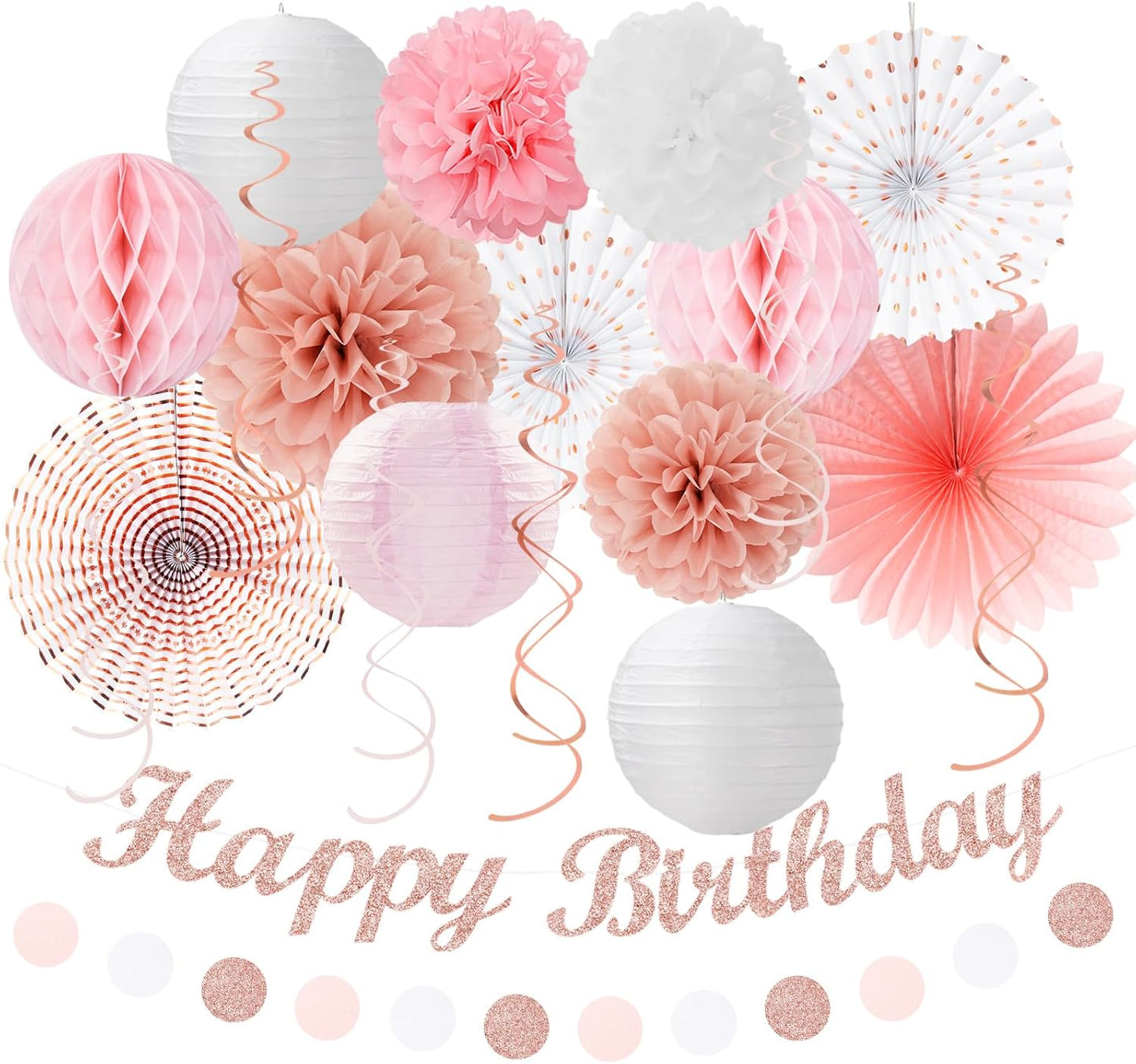 Pink White Rose-Gold Birthday Party-Decorations - 21pcs Happy Banner, Paper Lanterns,Tissue Pom Poms Flower Fan,Honeycomb Ball,Swirl Streamers Garland Supplies Decor Girls Women Huglony