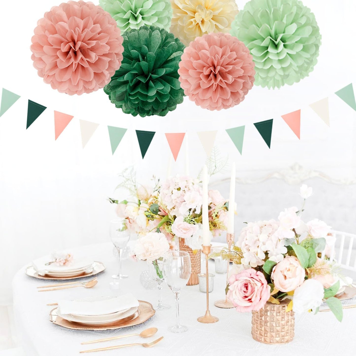 Sage-Olive Green Pink-Beige Boho Party Decorations -23pcs Rustic Neutral Wedding Paper Tissue Pom Poms Streamers,Tassel Garland Banner,Birthday Baby Bridal Shower Engagement Decor Lasting Surprise