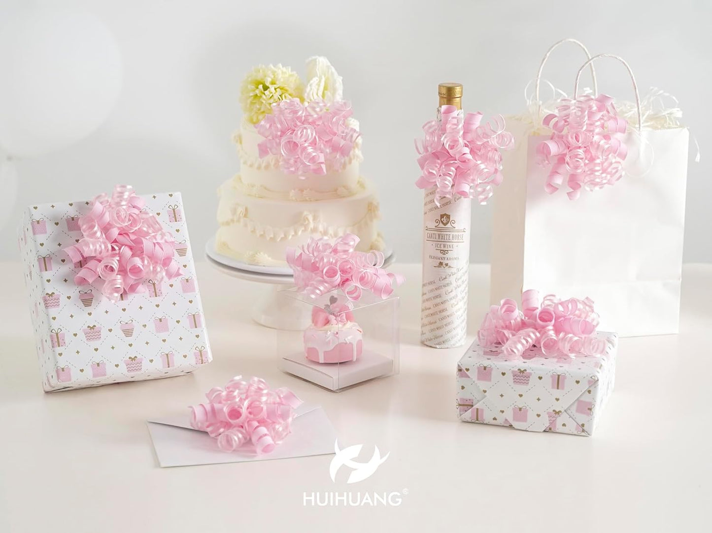 HUIHUANG Pink Gift Bows Self-Adhesive Curly Ribbon Bow 5 inch x 8 Counts Light Pink Bow for Gift Wrapping, Presents, Paper Bag, Baby Shower Favors, Wrapping Accessories, Party Decor