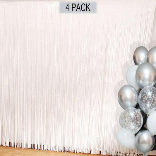 White Fringe Backdrop Curtains for Parties - 4 Pack of 3.2x8.2ft White Streamers Curtain Photo Backdrop for Wedding Birthday Bridal Shower Bachelorette Christmas Party Decorations