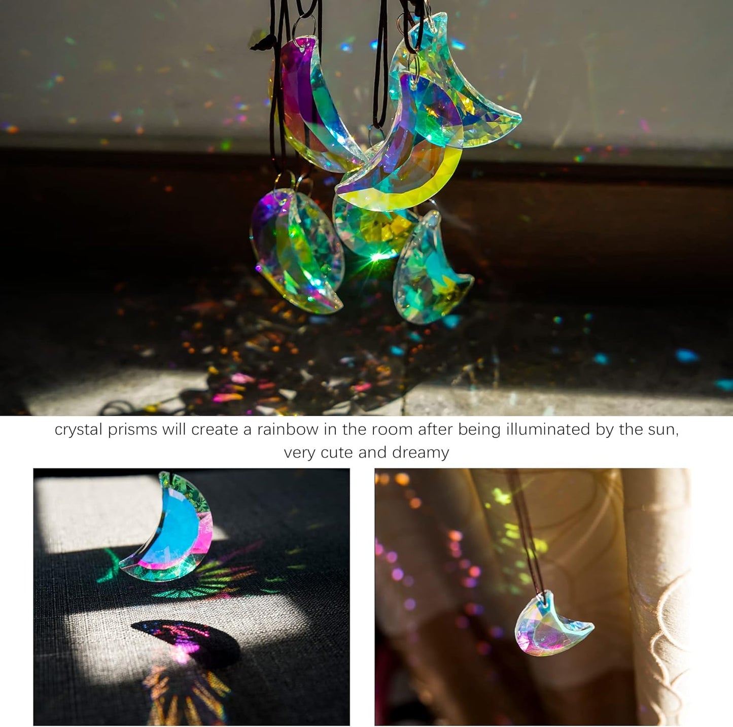 6pcs Colorful Crystal Faceted Half Moon Prisms Chandelier Lamp Lighting Drops Pendants Prisms Hanging Crystals Suncatcher for Window Garden Home Decoration