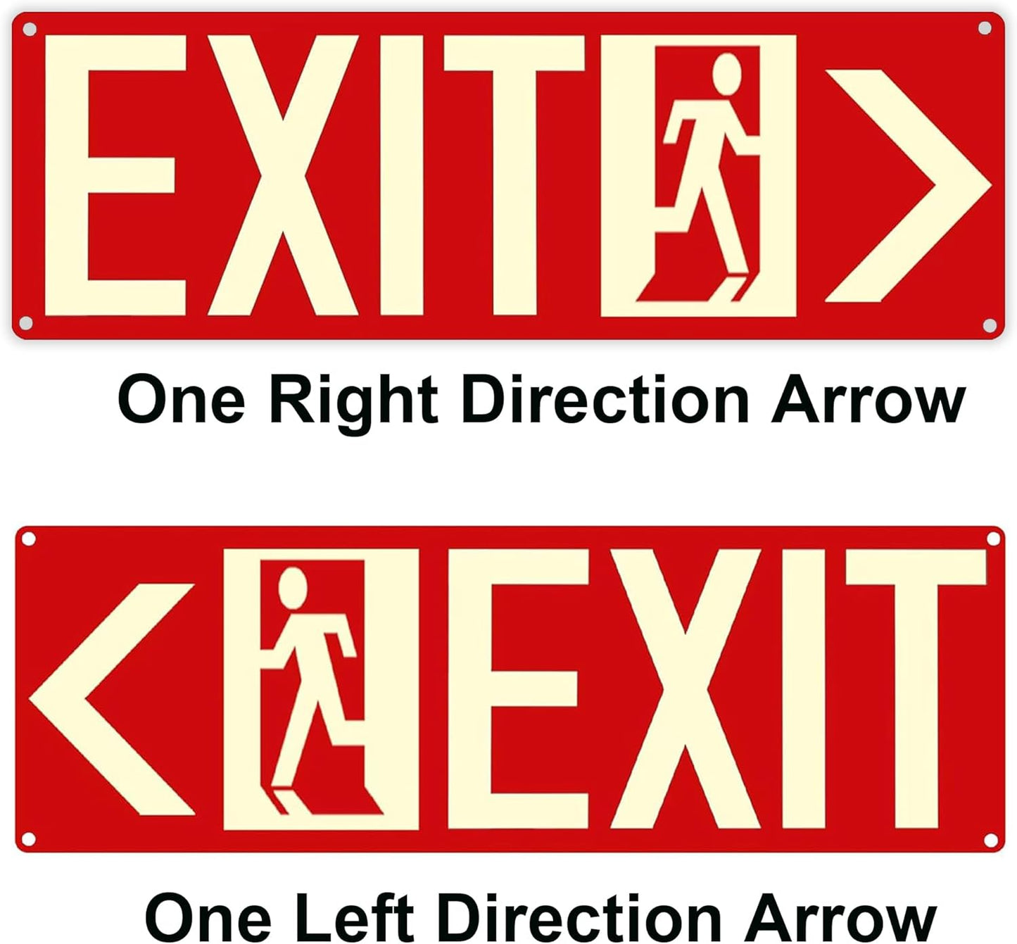 Photoluminescent Exit Signs, 14x5 inches, Red with Glow in Dark Feature, Self-Adhesive Aluminum, Left and Right Arrow Set