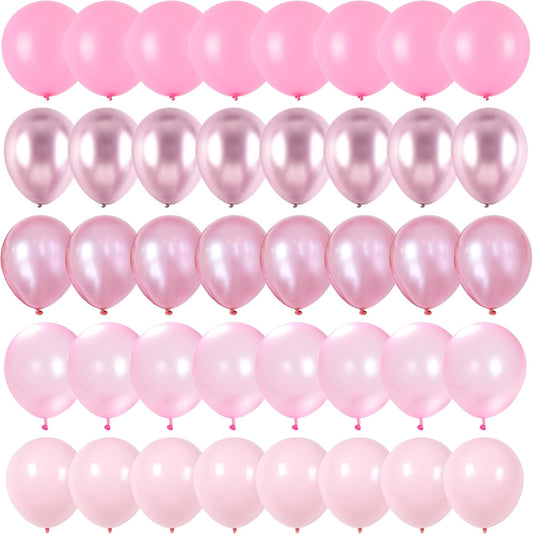 Pink Balloons Set, 60 Packs 12 Inch Metallic Chrome Pink Pearl Macaron Light Pink Different Shades Balloons for Girl Women Birthday Decorations, Wedding, Christening, Baby Shower Party