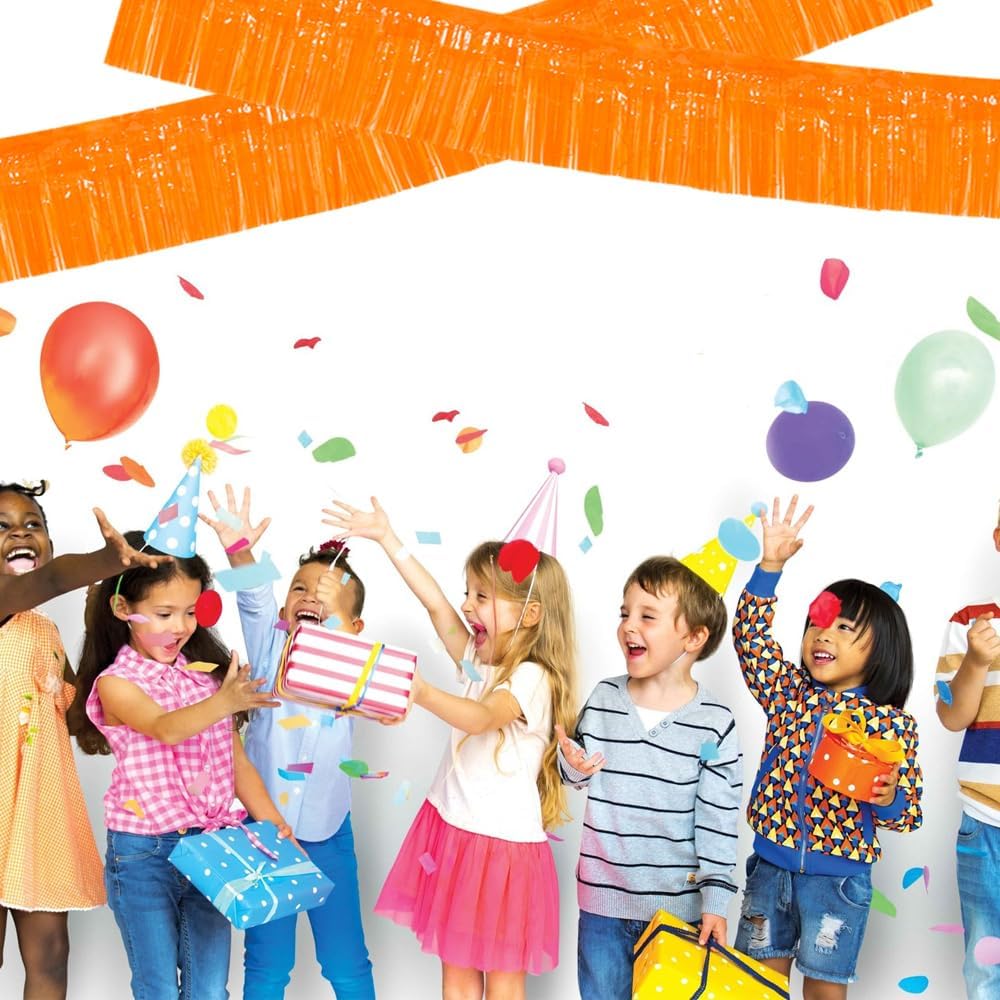 BEISHIDA 3 Packs Metallic Foil Fringe Garland Orange Wall Hanging Tinsel Fringe Banners for Halloween Car Floats Bridal Shower Wedding Birthday Easter Graduation Holiday Party Decoration(30 Feet)