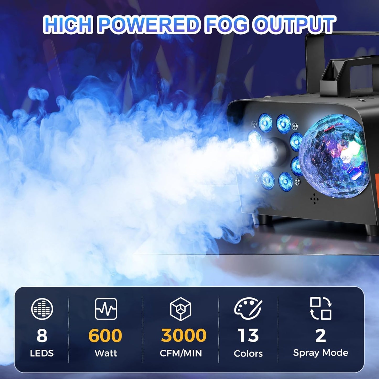 Fog Machine, Halloween Smoke Machine with Disco Ball Lights, 600W and 3000CFM with 13-Color LED Effects, Wired And Wireless Remote Controls, Ideal for Indoor, Outdoor, Wedding, Parties, and DJ Stage