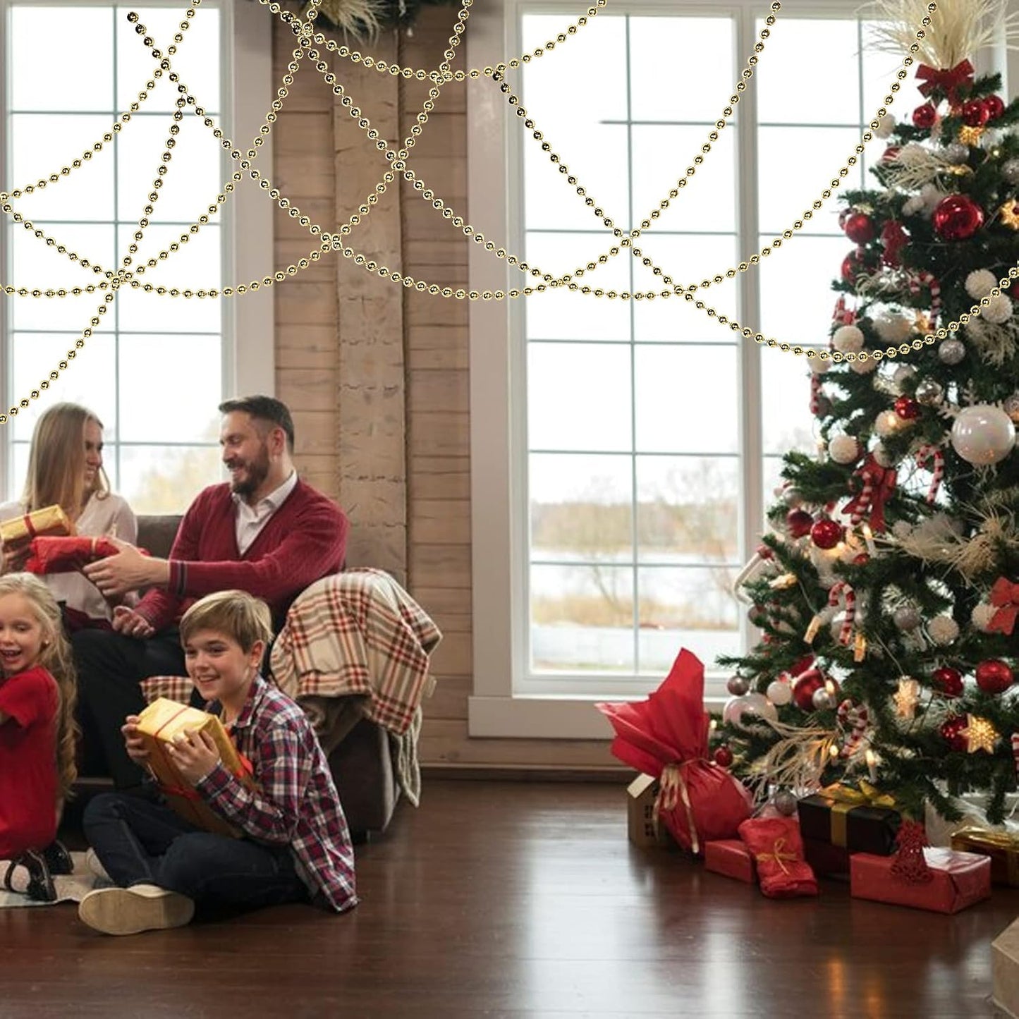 Faux Gold Pearl Bead Garland - 10mm Christmas Tree Beads 11 Yards Gold Pearl Strands Spool for Wedding Party Christmas Tree Decoration